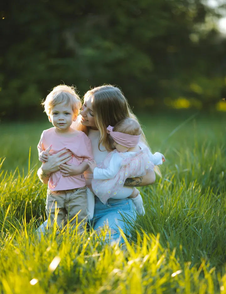 A parent holding her two young children outdoors in warm evening light